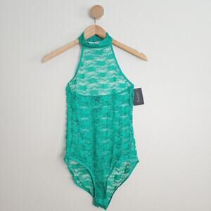 NEW Frederick's of Hollywood Margarita Green Sheer Floral Lace Teddy Bodysuit
